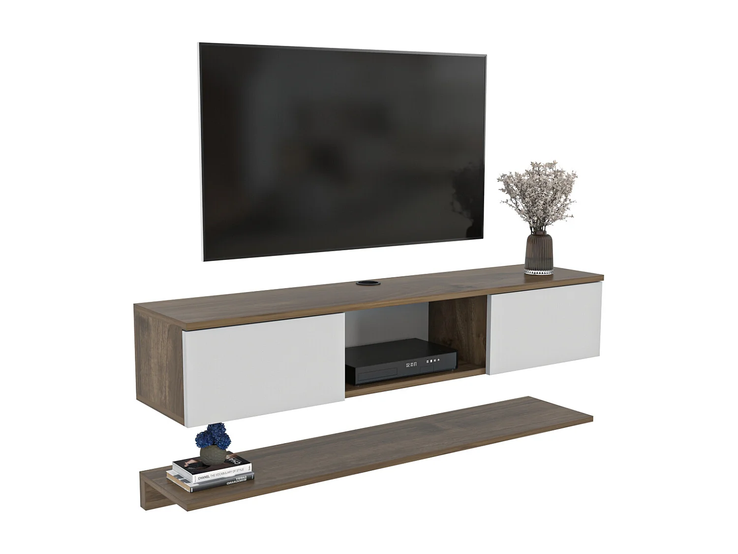 Meuble TV Mural Elia Flottant 140 cm, Armoires, Passe-Cable, Étagère Murale Incluse (Noyer et Blanc)