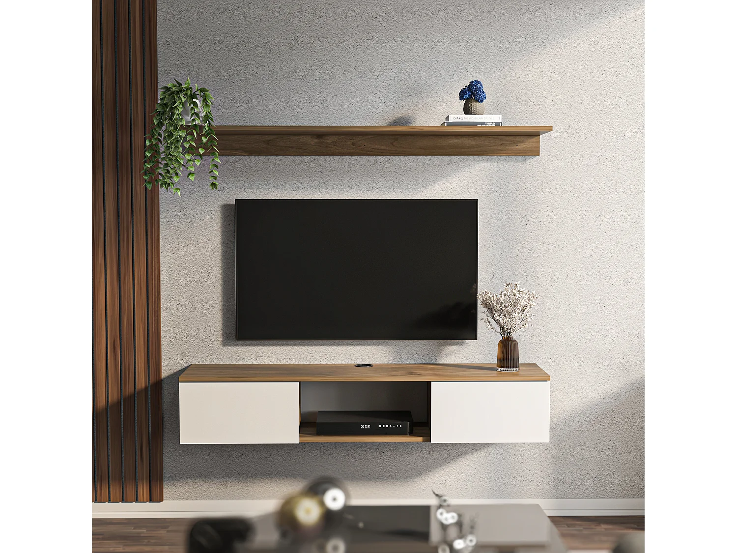 Meuble TV Mural Elia Flottant 140 cm, Armoires, Passe-Cable, Étagère Murale Incluse (Noyer et Blanc)