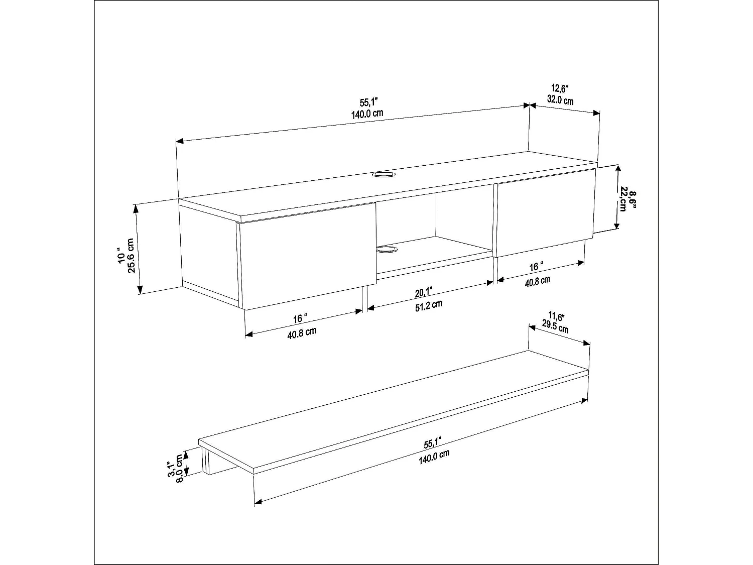 Meuble TV Mural Elia Flottant 140 cm, Armoires, Passe-Cable, Étagère Murale Incluse (Noyer et Blanc)