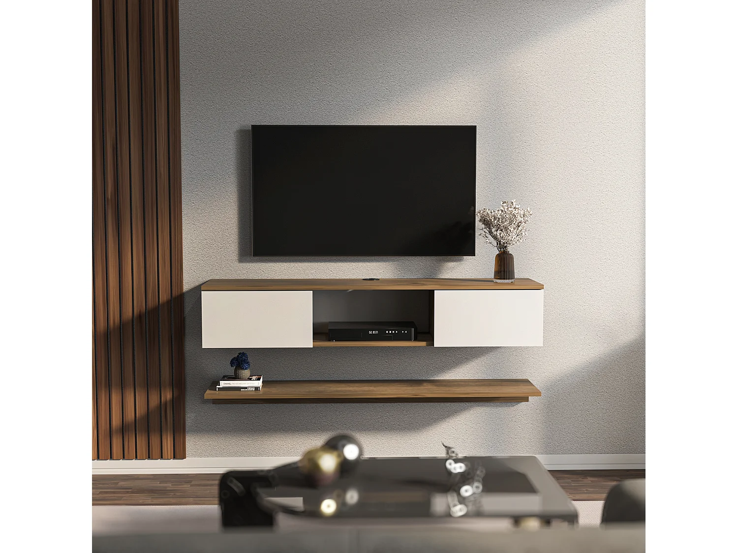 Elia 140 cm Wall Mounted TV Unit for TVs up to 60 inches Dropdown Cabinets and Open Shelf (Wall Shelf Included)