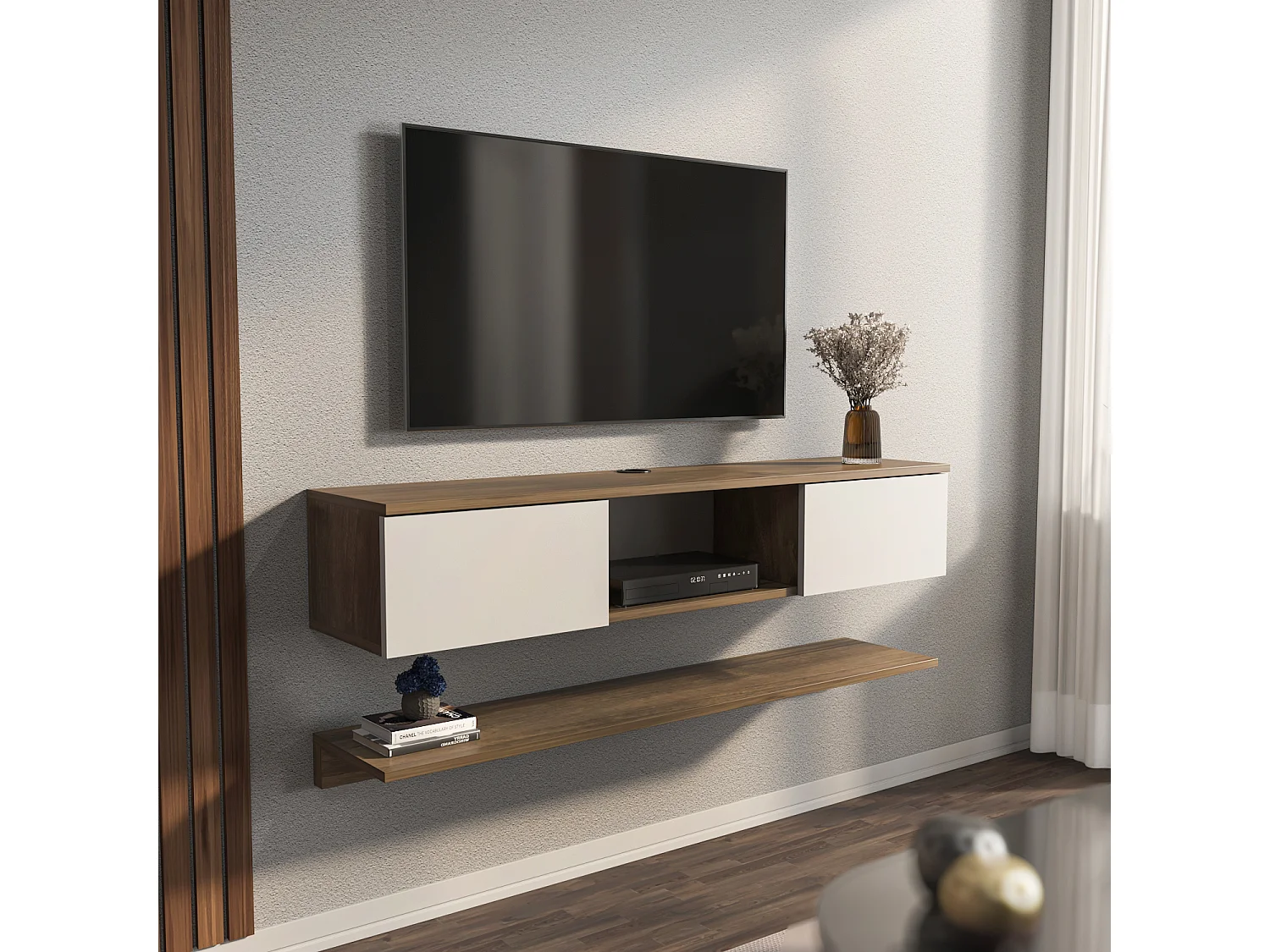 Elia 140 cm Wall Mounted TV Unit for TVs up to 60 inches Dropdown Cabinets and Open Shelf (Wall Shelf Included)