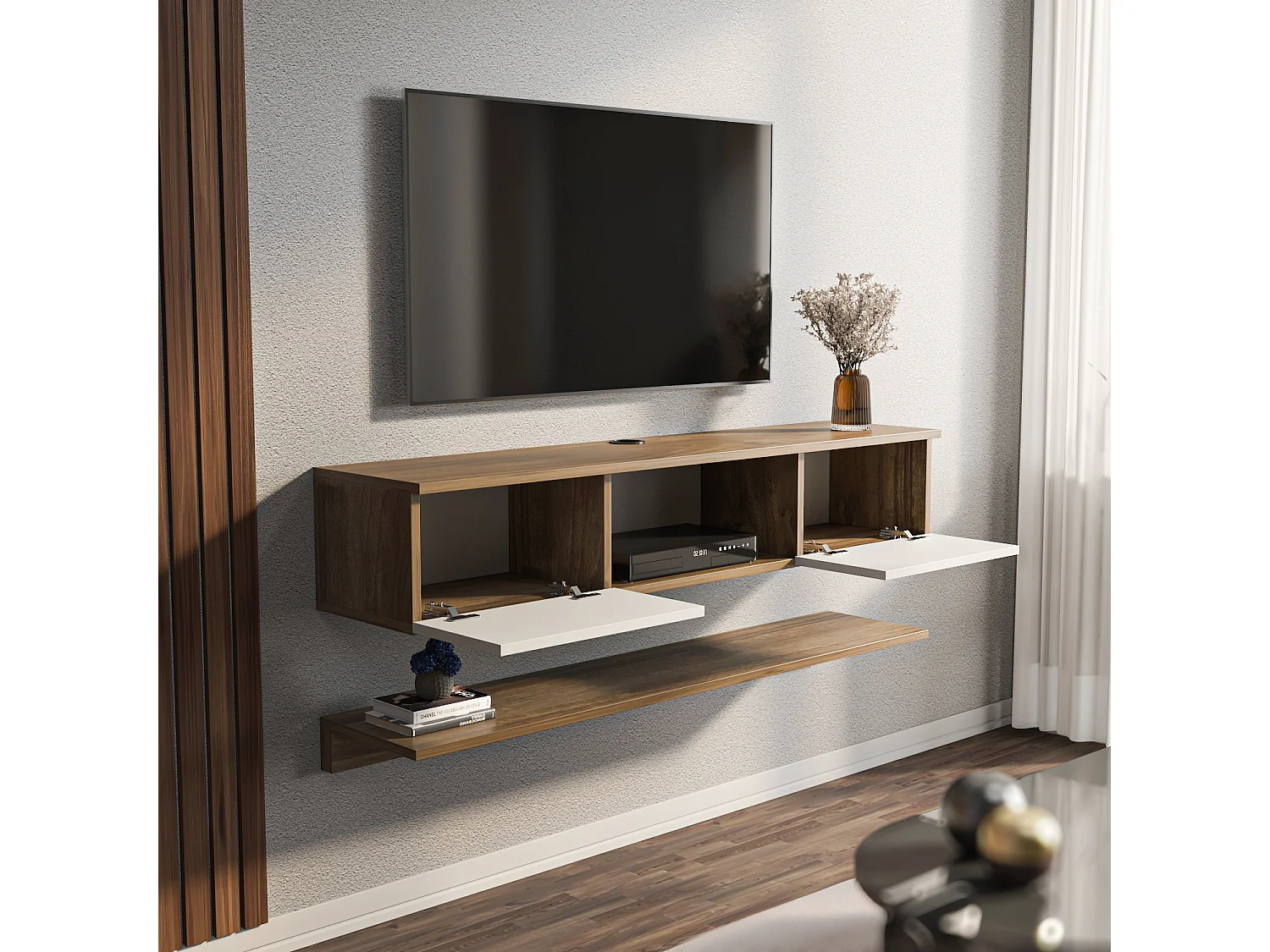 Elia 140 cm Wall Mounted TV Unit for TVs up to 60 inches Dropdown Cabinets and Open Shelf (Wall Shelf Included)