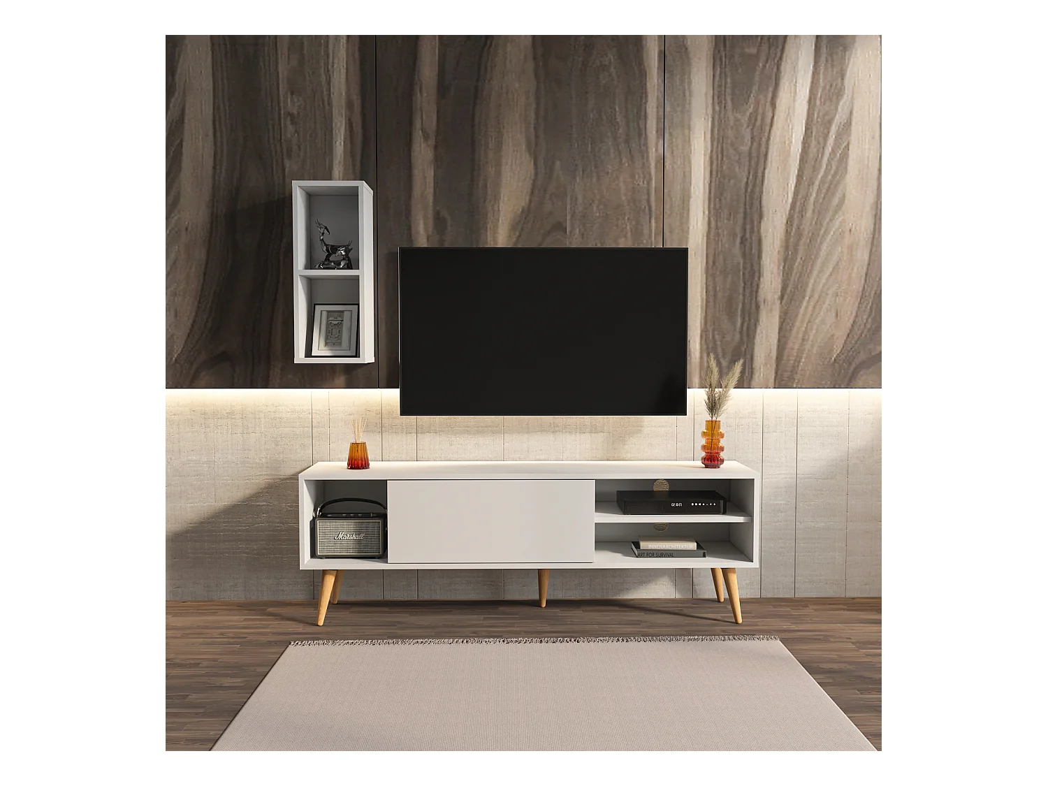 Rans Meuble TV | Banc TV | Rangement | Etagère Murale Incluse (Blanc)