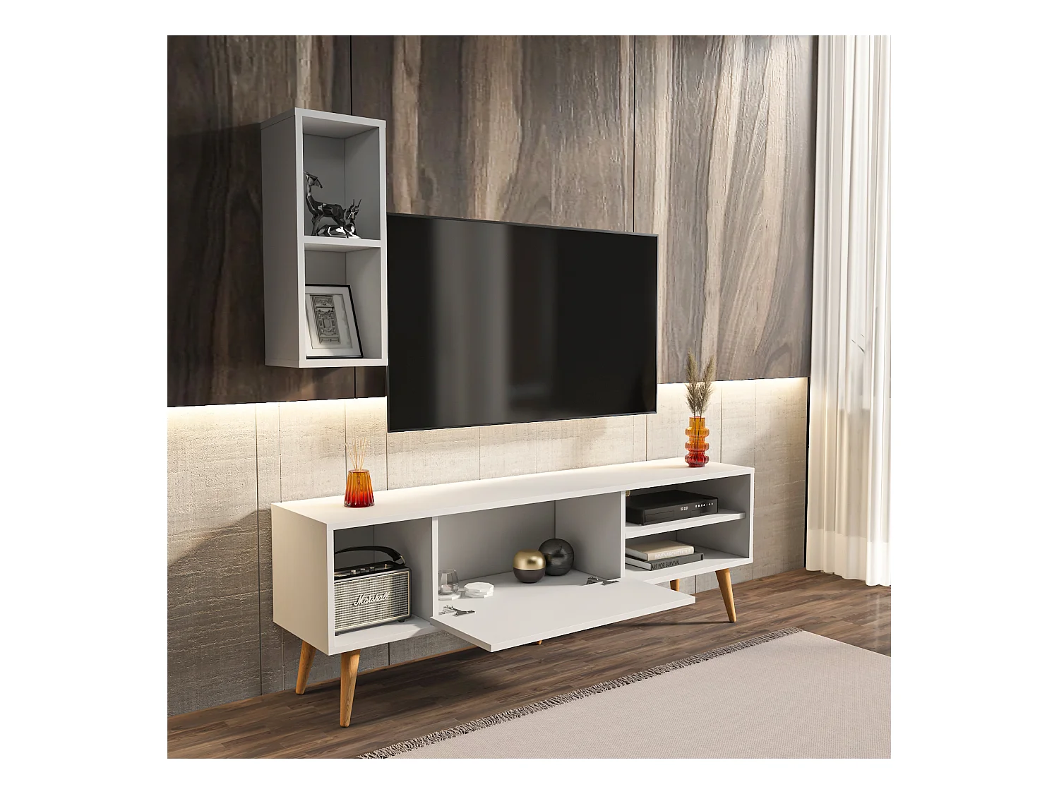 Rans Meuble TV | Banc TV | Rangement | Etagère Murale Incluse (Blanc)