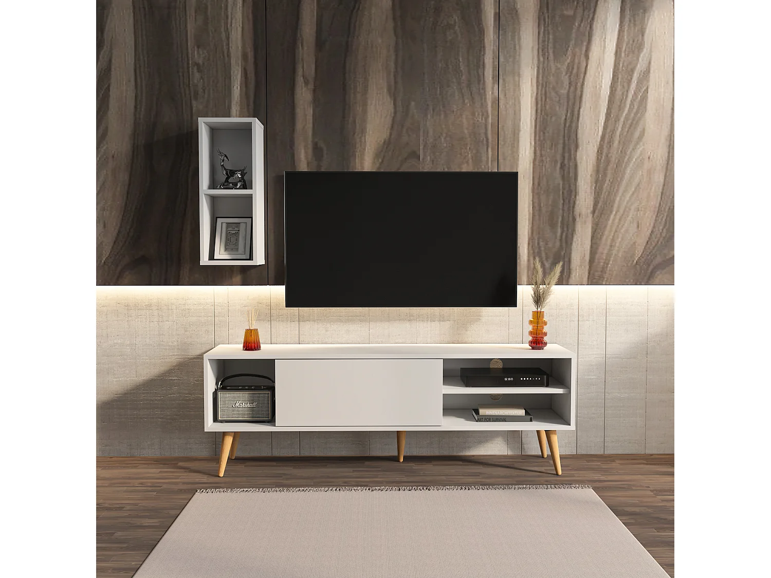 Rans Meuble TV | Banc TV | Rangement | Etagère Murale Incluse (Blanc)