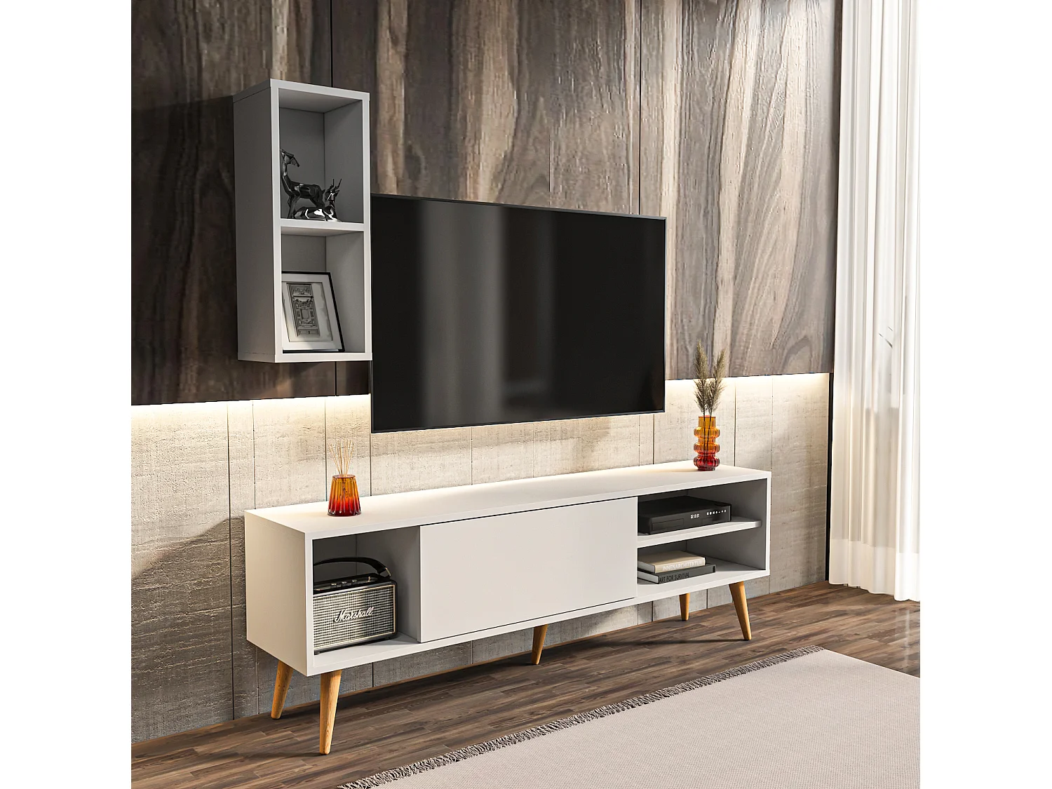 Rans Meuble TV | Banc TV | Rangement | Etagère Murale Incluse (Blanc)