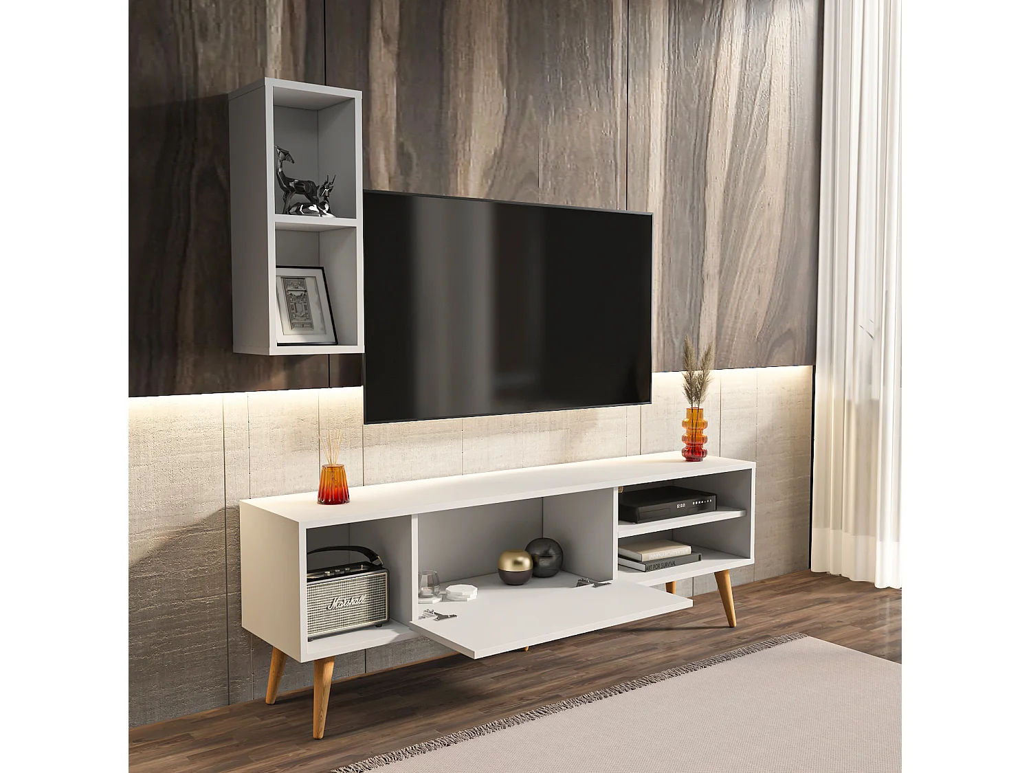 Rans Meuble TV | Banc TV | Rangement | Etagère Murale Incluse (Blanc)