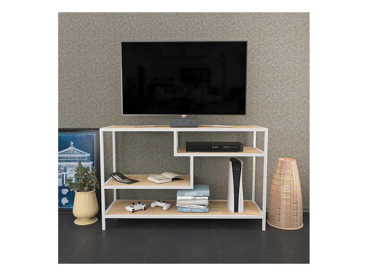 Meuble TV Robins de 120 cm avec niches, cadre en métal (Blanc et Chêne)