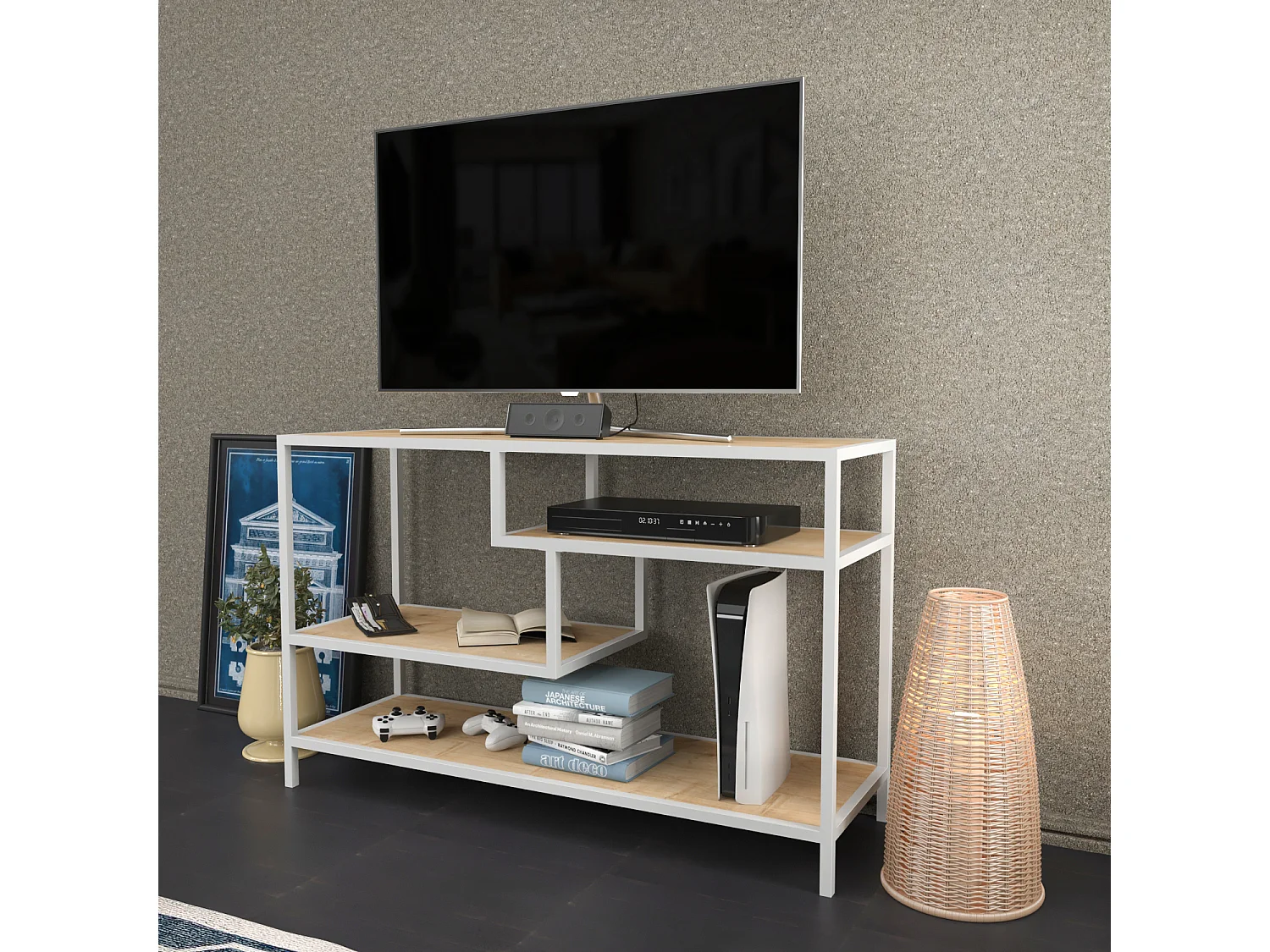 Meuble TV Robins de 120 cm avec niches, cadre en métal (Blanc et Chêne)