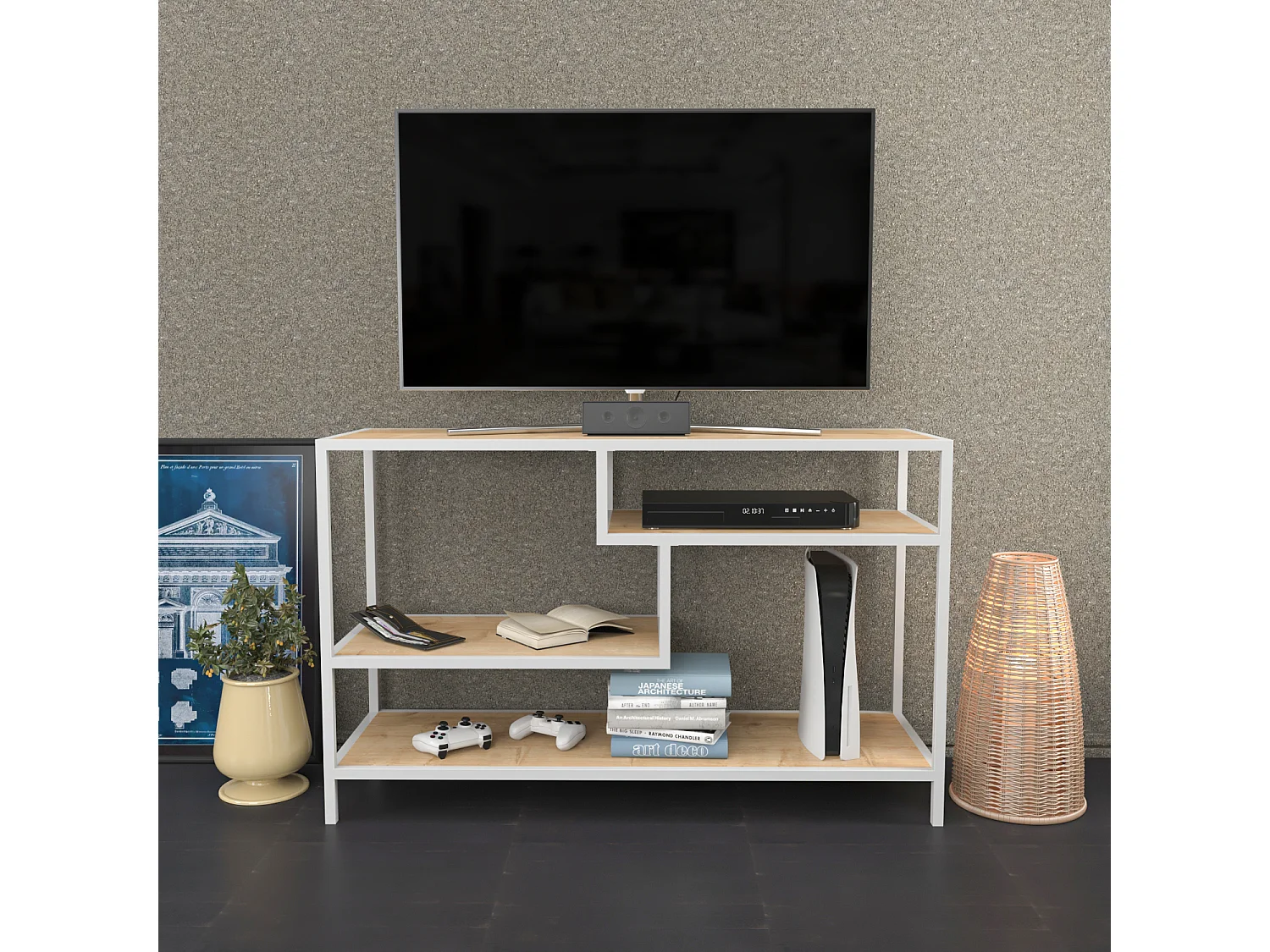 Meuble TV Robins de 120 cm avec niches, cadre en métal (Blanc et Chêne)