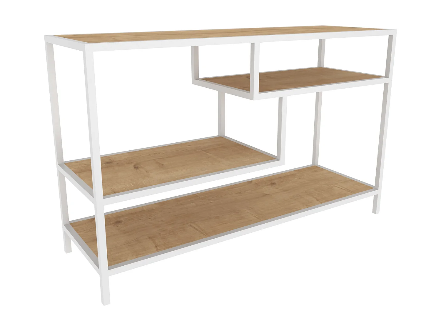 Meuble TV Robins de 120 cm avec niches, cadre en métal (Blanc et Chêne)