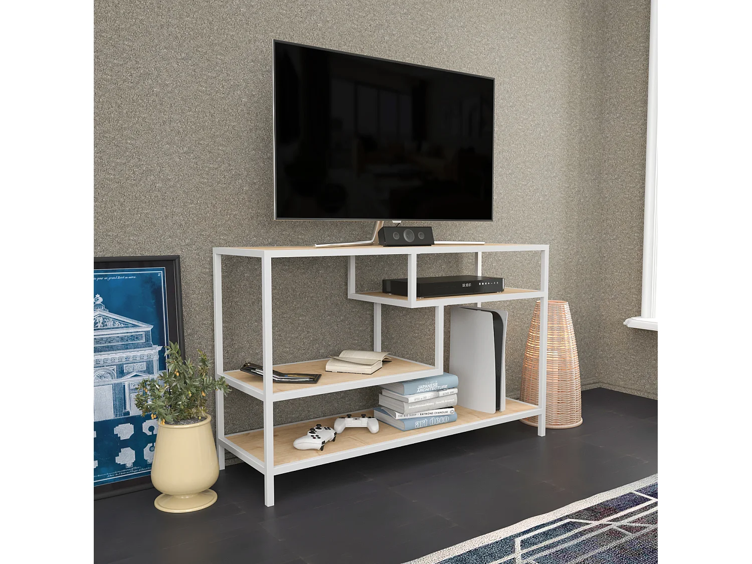 Meuble TV Robins de 120 cm avec niches, cadre en métal (Blanc et Chêne)