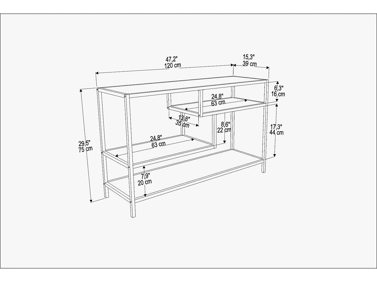 Meuble TV Robins de 120 cm avec niches, cadre en métal (Blanc et Chêne)