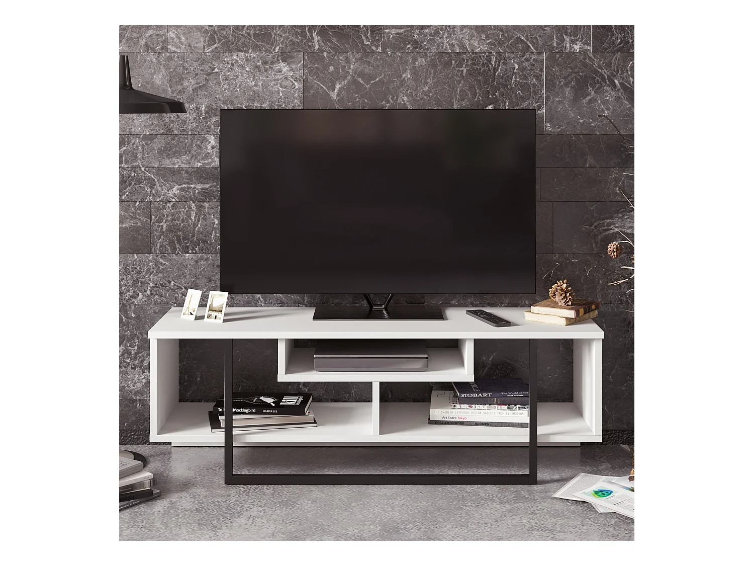 Meuble TV Asal de 120 cm avec le cadre en métal (Blanc et Noir)