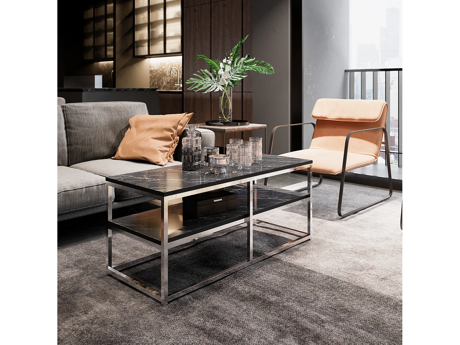 Table basse Forteus 110 cm luxe et chic cadre en métal (Bendire et Chrome)