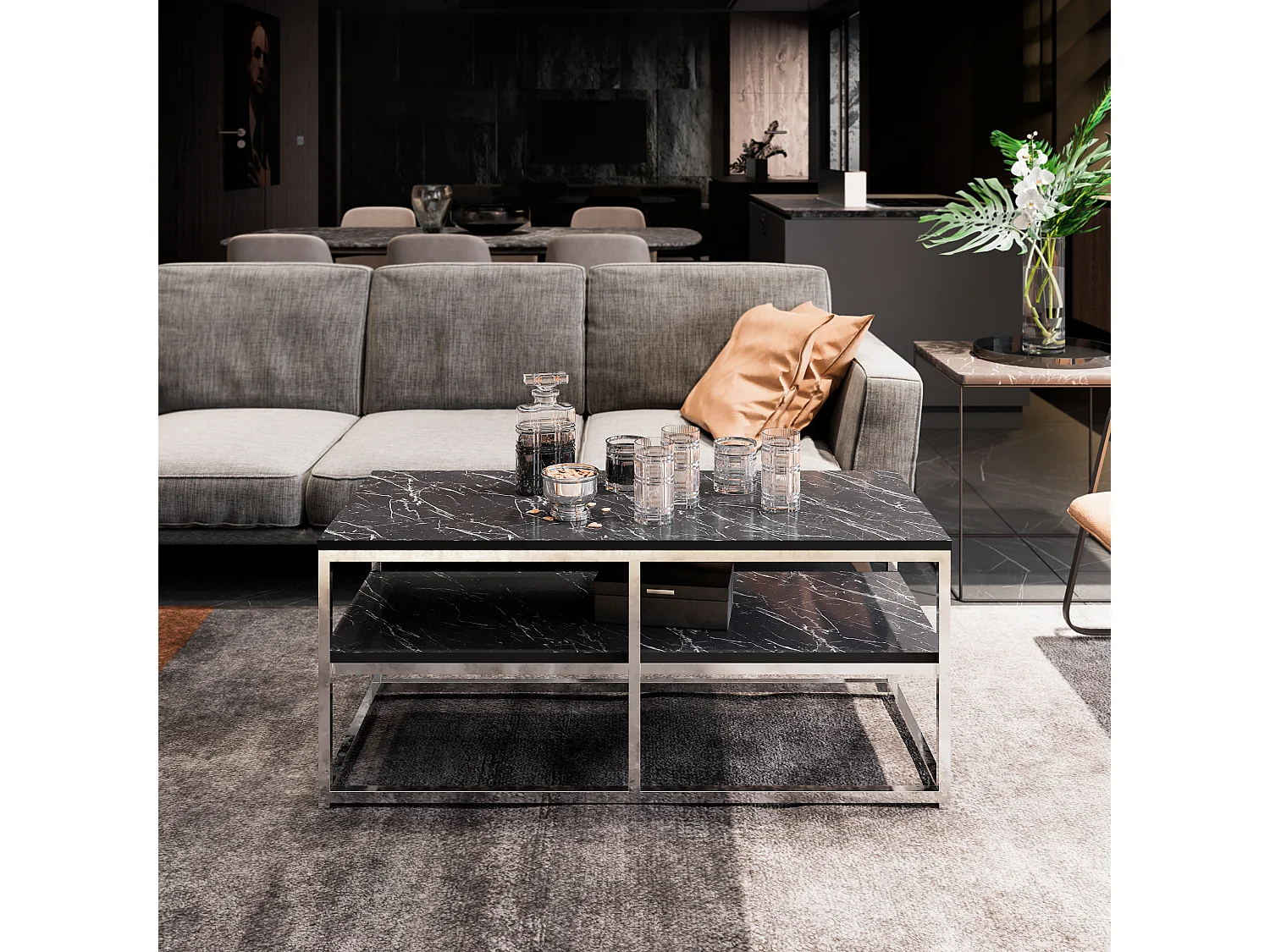 Table basse Forteus 110 cm luxe et chic cadre en métal (Bendire et Chrome)