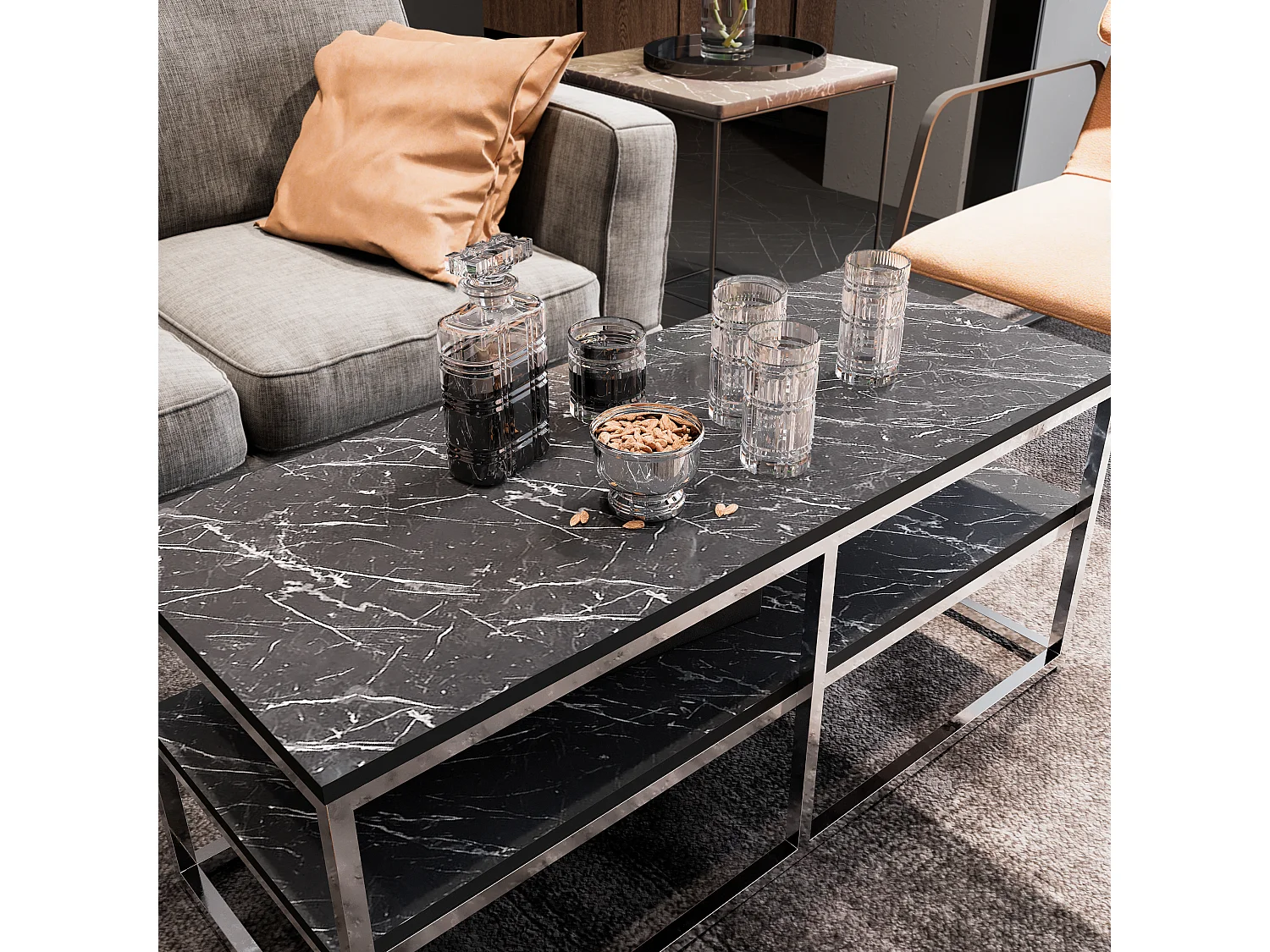 Table basse Forteus 110 cm luxe et chic cadre en métal (Bendire et Chrome)