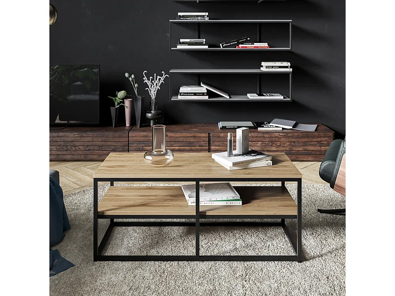 Table basse Forteus 110 cm luxe et chic cadre en métal (Oud et Noir)