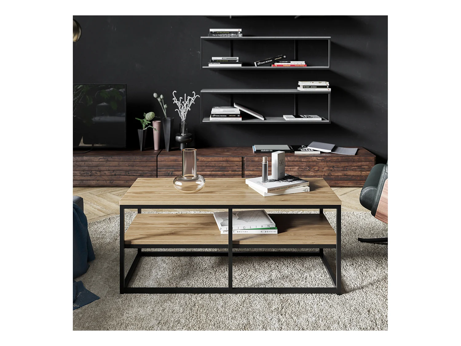 Table basse Forteus 110 cm luxe et chic cadre en métal (Oud et Noir)