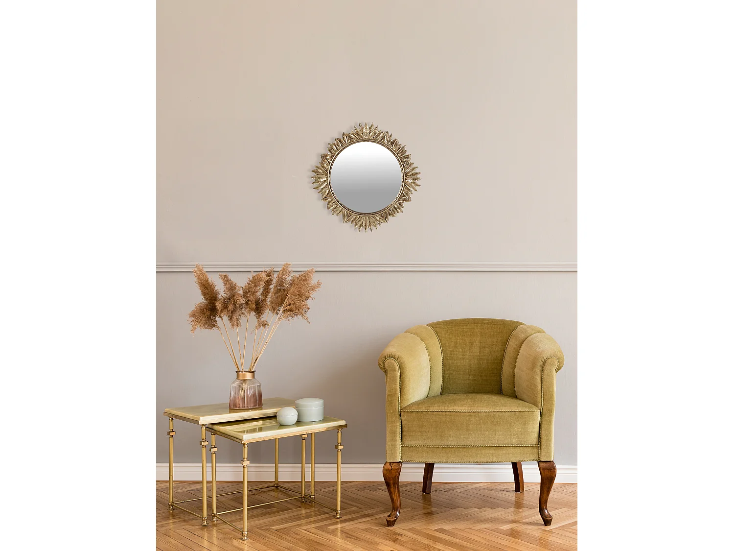 Miroir soleil feuilles doré 27.5cm