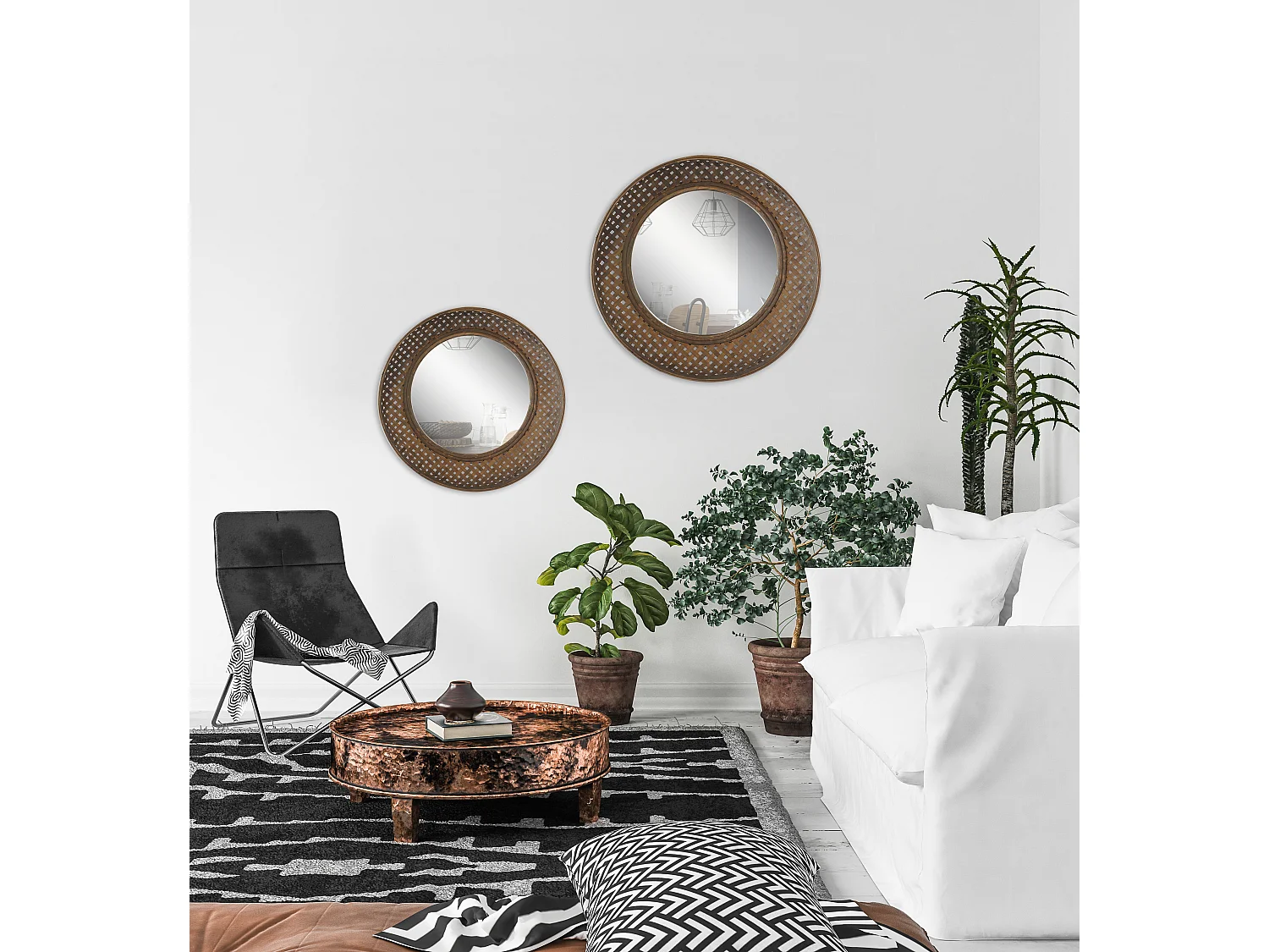 Lot de 2 miroirs en bambou 48 et 55cm