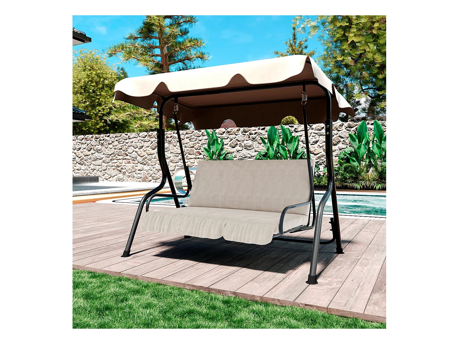 Dondolo 3 Posti Algarve Con Tettuccio Parasole Regolabile Cuscini Imbottiti Struttura Robusta In Acciaio Verniciato Da Giardino Balcone 170 x 110 x 153 cm Beige