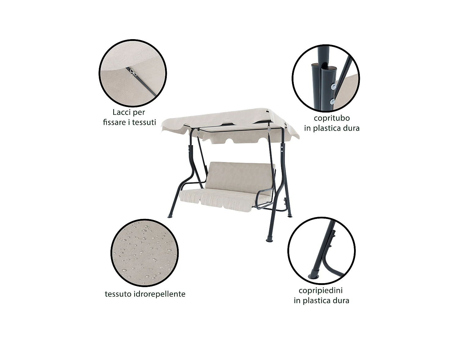 Dondolo 3 Posti Algarve Con Tettuccio Parasole Regolabile Cuscini Imbottiti Struttura Robusta In Acciaio Verniciato Da Giardino Balcone 170 x 110 x 153 cm Beige