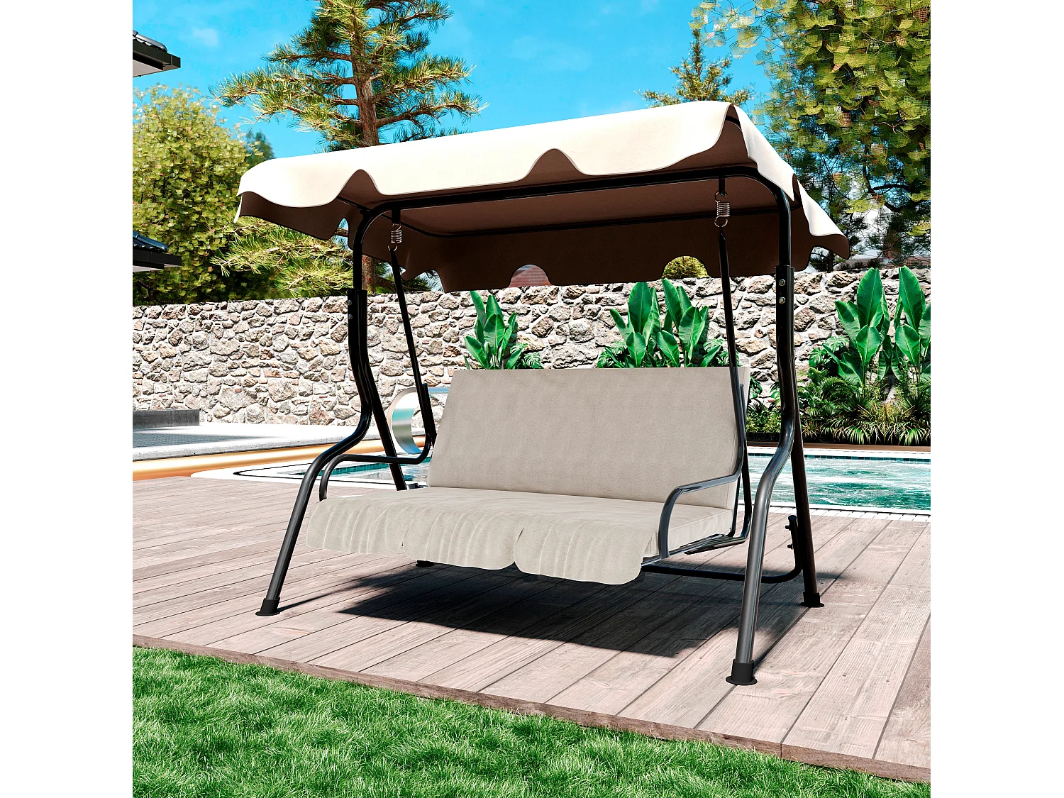 Dondolo 3 Posti Algarve Con Tettuccio Parasole Regolabile Cuscini Imbottiti Struttura Robusta In Acciaio Verniciato Da Giardino Balcone 170 x 110 x 153 cm Beige