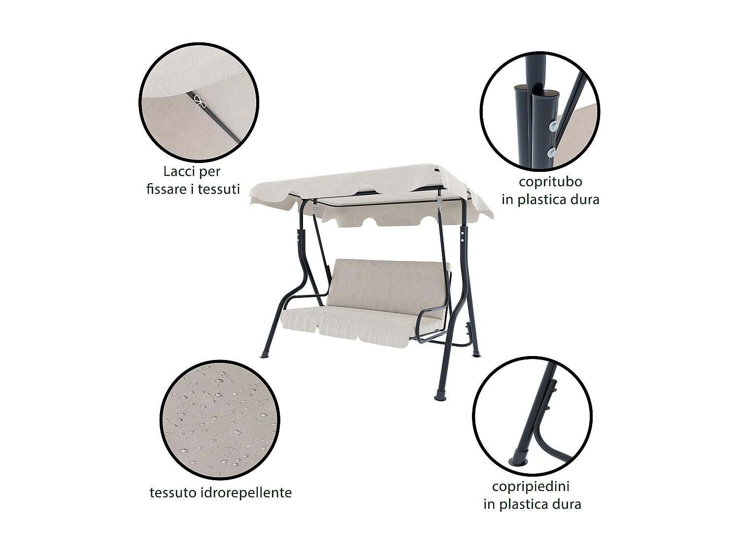 Dondolo 3 Posti Algarve Con Tettuccio Parasole Regolabile Cuscini Imbottiti Struttura Robusta In Acciaio Verniciato Da Giardino Balcone 170 x 110 x 153 cm Beige