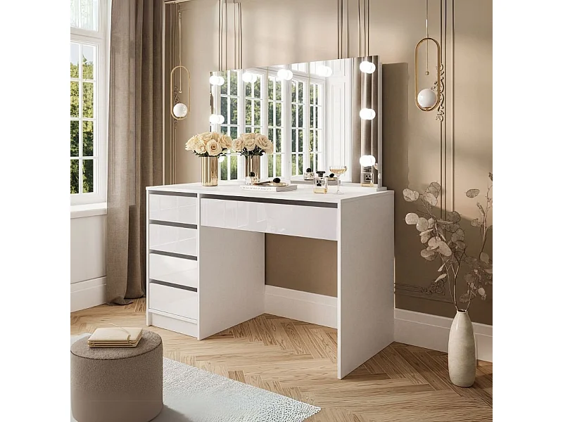 Toeletta trucco Elite bianca con specchio 5 cassetti e lampadine LED 120x55x142,6H