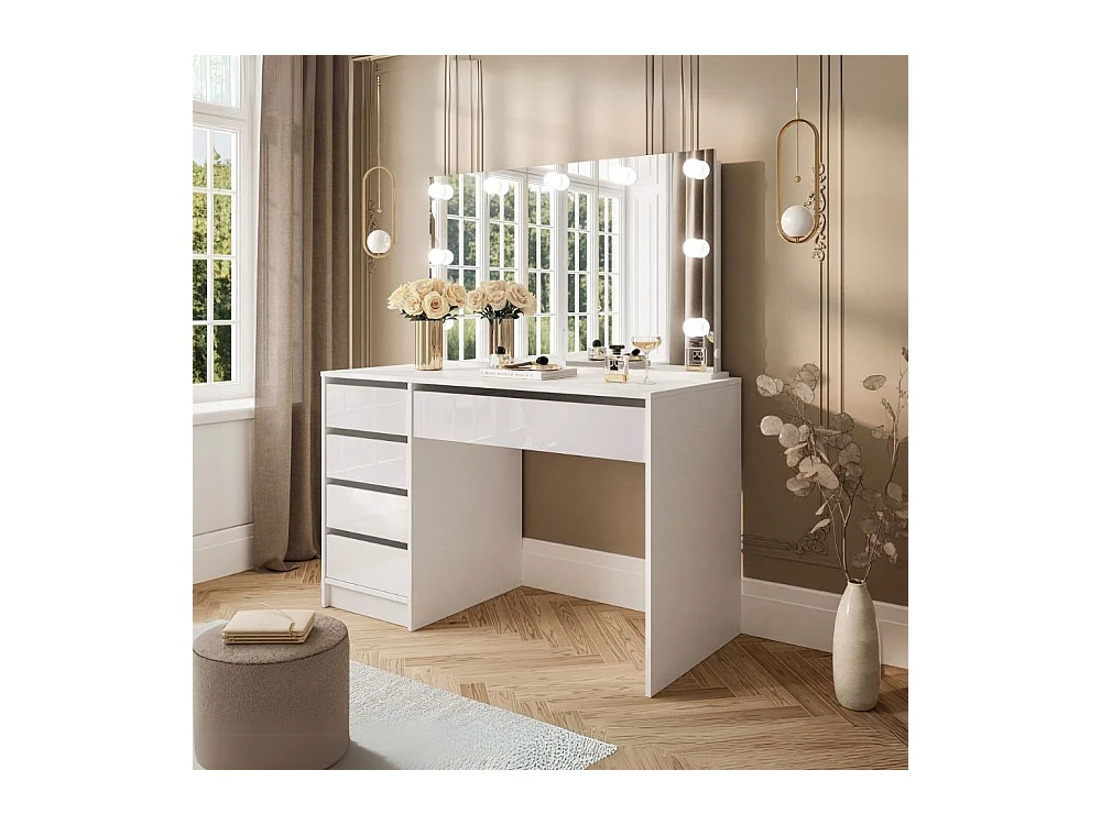 Toeletta trucco Elite bianca con specchio 5 cassetti e lampadine LED 120x55x142,6H