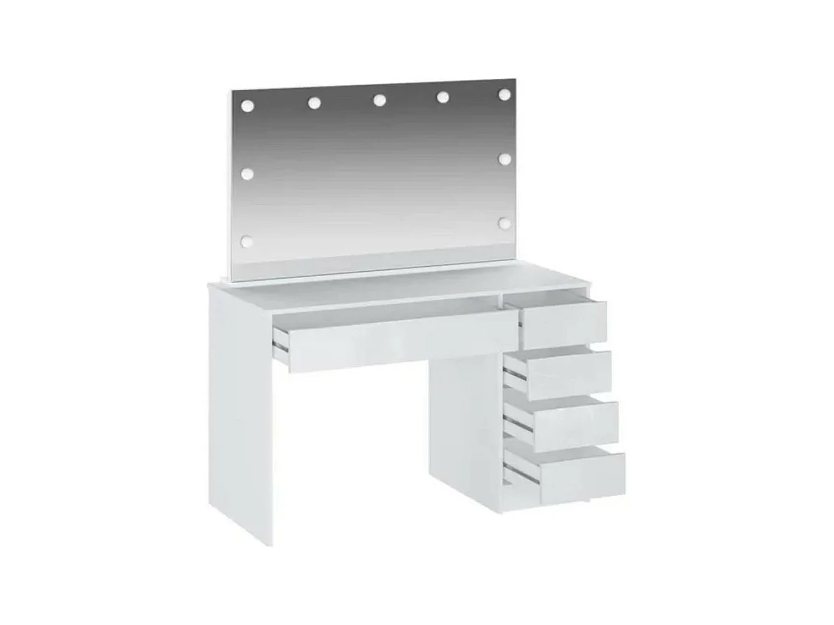 Toeletta trucco Elite bianca con specchio 5 cassetti e lampadine LED 120x55x142,6H