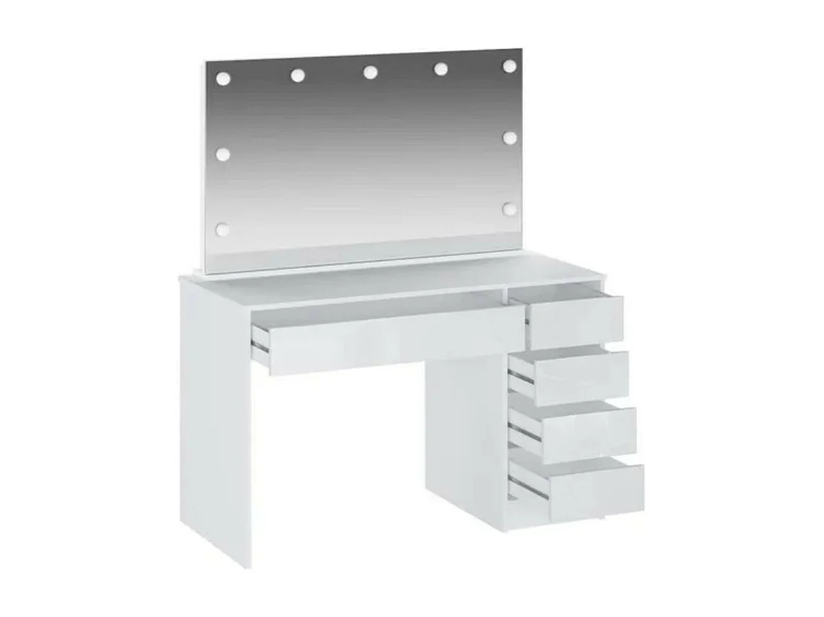 Toeletta trucco Elite bianca con specchio 5 cassetti e lampadine LED 120x55x142,6H