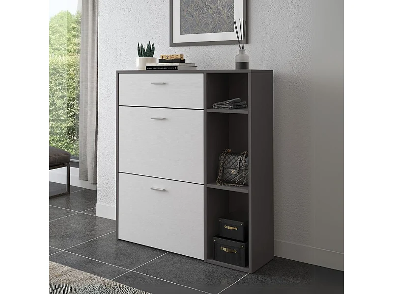 Scarpiera Takimi grafite e bianco 2 ante a ribalta e cassetto 90x26x101,5H