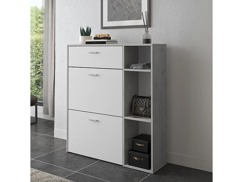 Scarpiera Takimi cemento e bianco 2 ante a ribalta e cassetto 90x26x101,5H