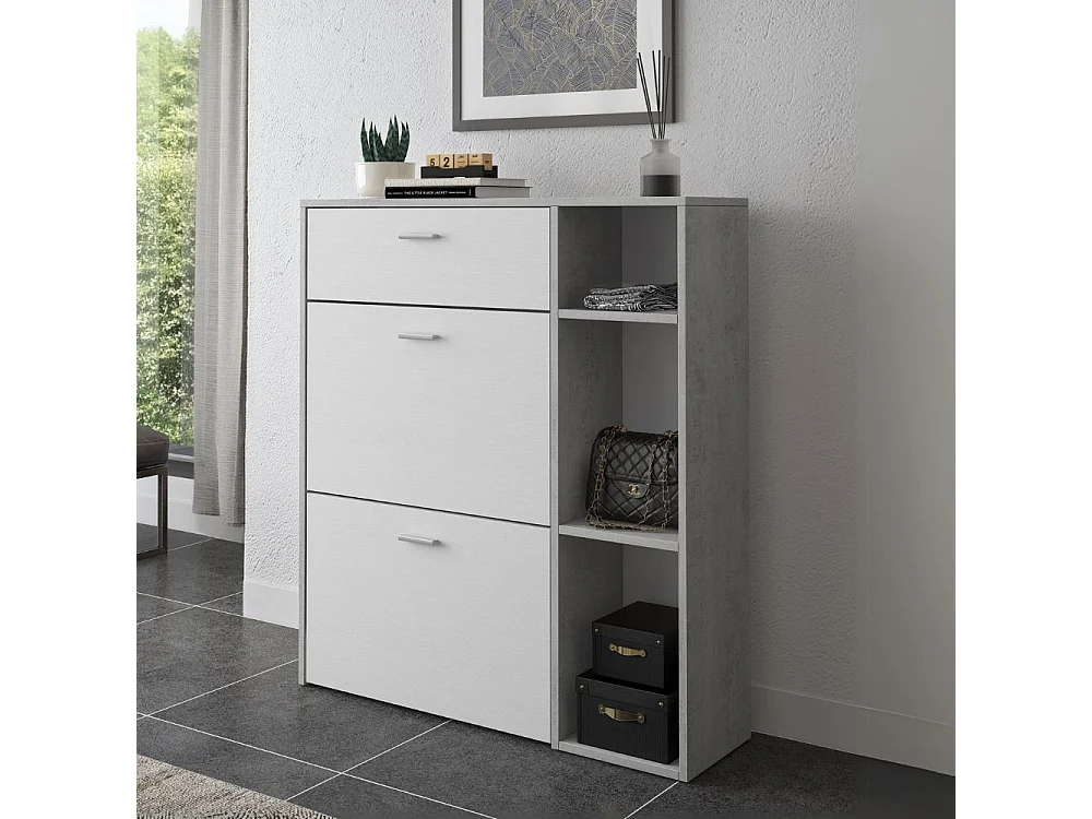 Scarpiera Takimi cemento e bianco 2 ante a ribalta e cassetto 90x26x101,5H