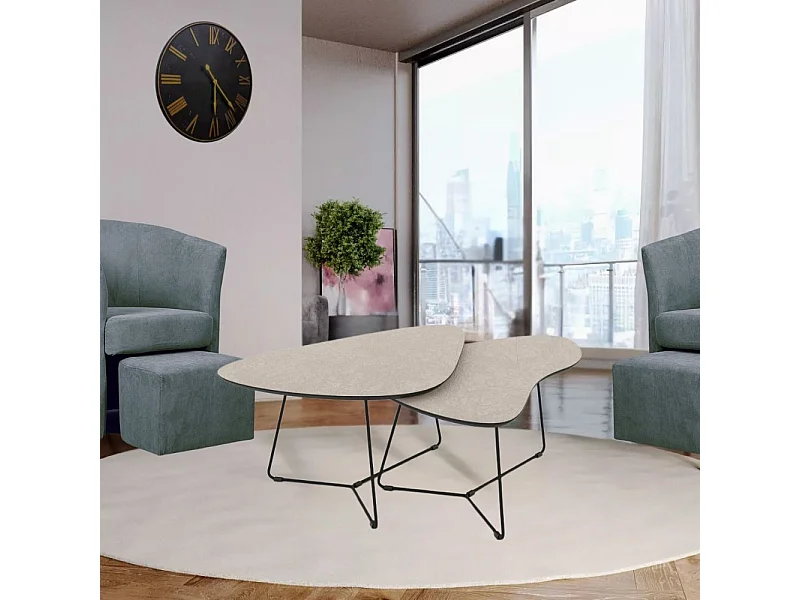 Coppia tavolini da salotto con piano colore cashmere e base metallo nera Tussey