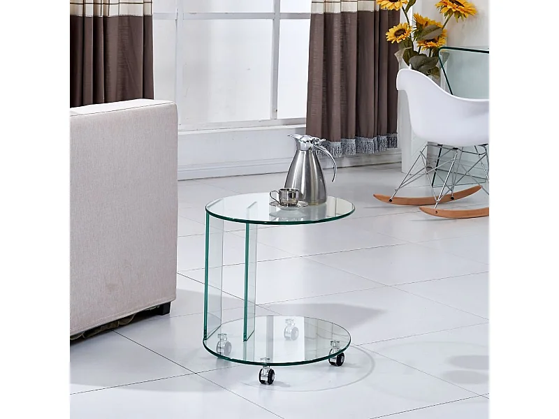 Tavolino ovale da salotto in vetro temperato con ruote Salice 54x45x53H