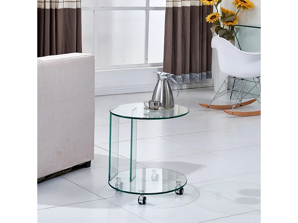 Tavolino ovale da salotto in vetro temperato con ruote Salice 54x45x53H