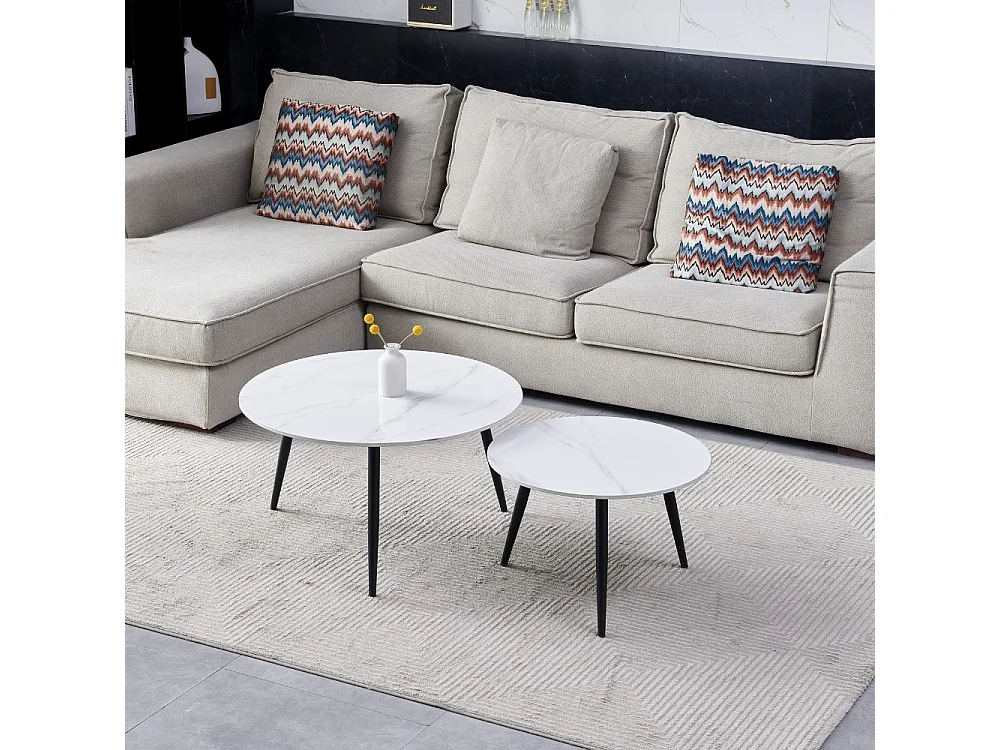 Set 2 tavolini da salotto piano in ceramica effetto marmo bianco lucido e gambe nere BICOLOR