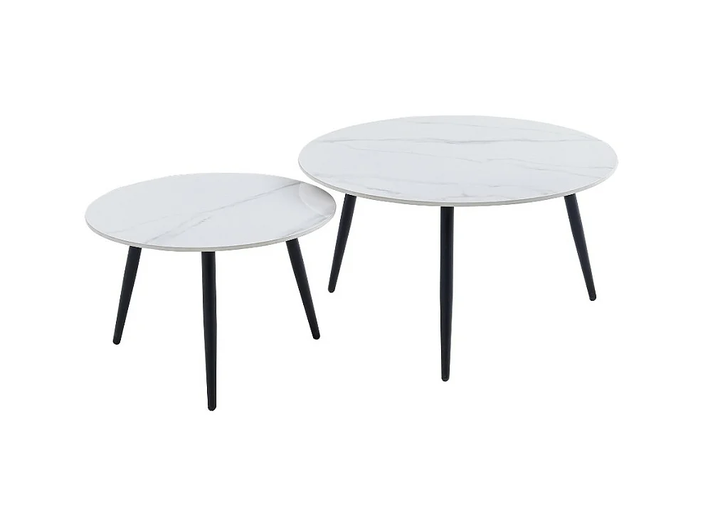 Set 2 tavolini da salotto piano in ceramica effetto marmo bianco lucido e gambe nere BICOLOR