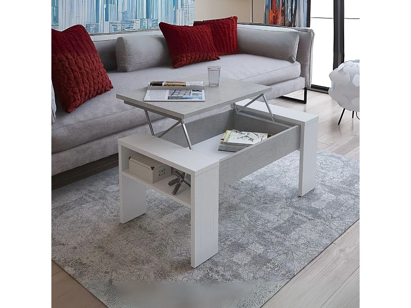 Tavolino contenitore Tinus con piano sollevabile colore cemento e bianco