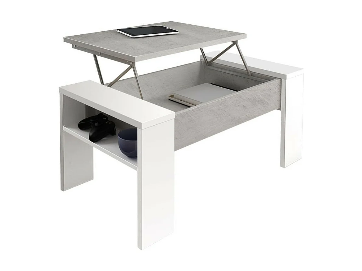 Tavolino contenitore Tinus con piano sollevabile colore cemento e bianco