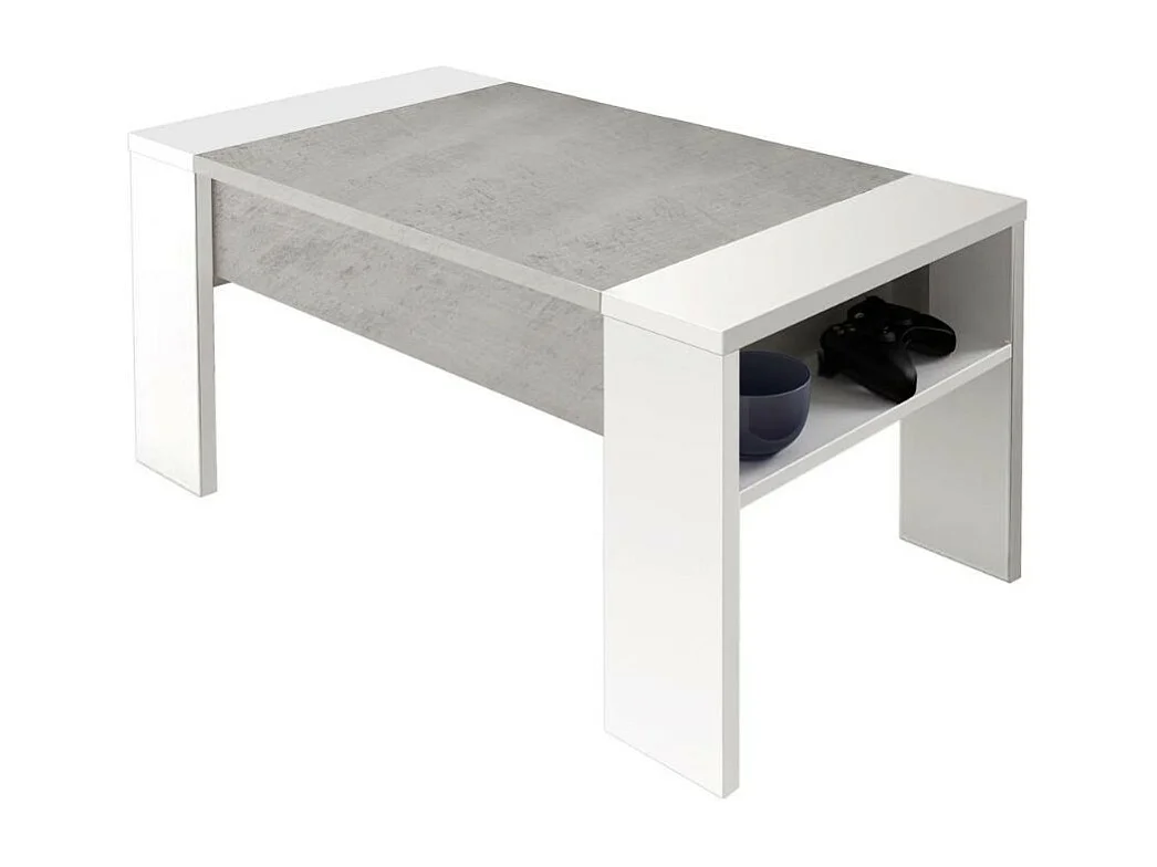 Tavolino contenitore Tinus con piano sollevabile colore cemento e bianco