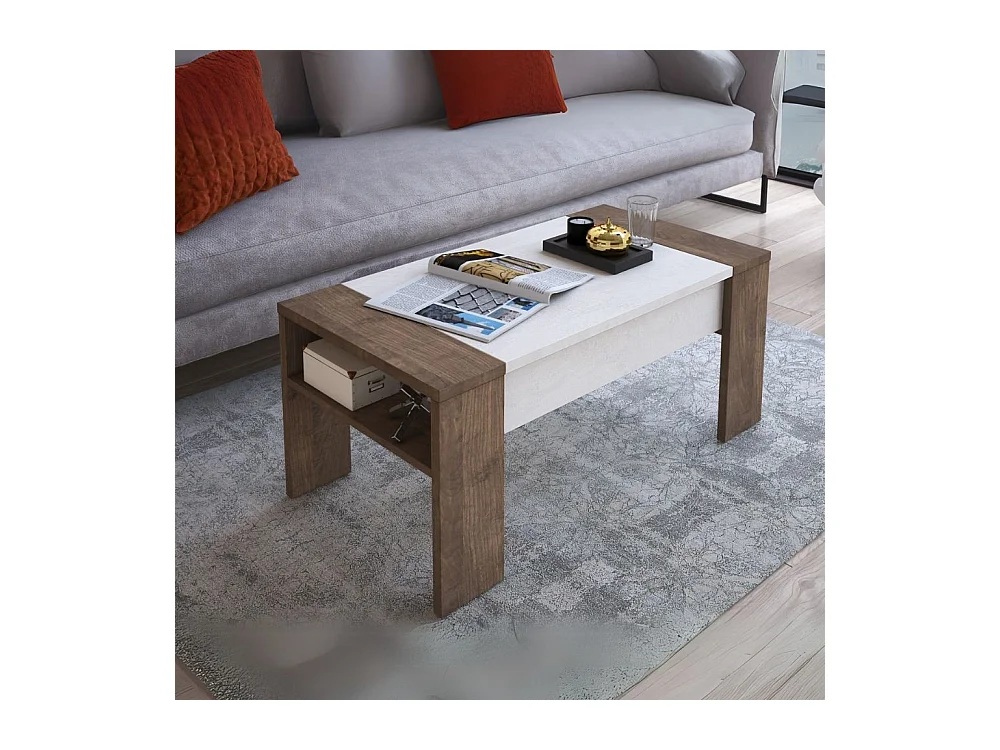 Tavolino contenitore Tinus con piano sollevabile colore noce eastwood e spatolato