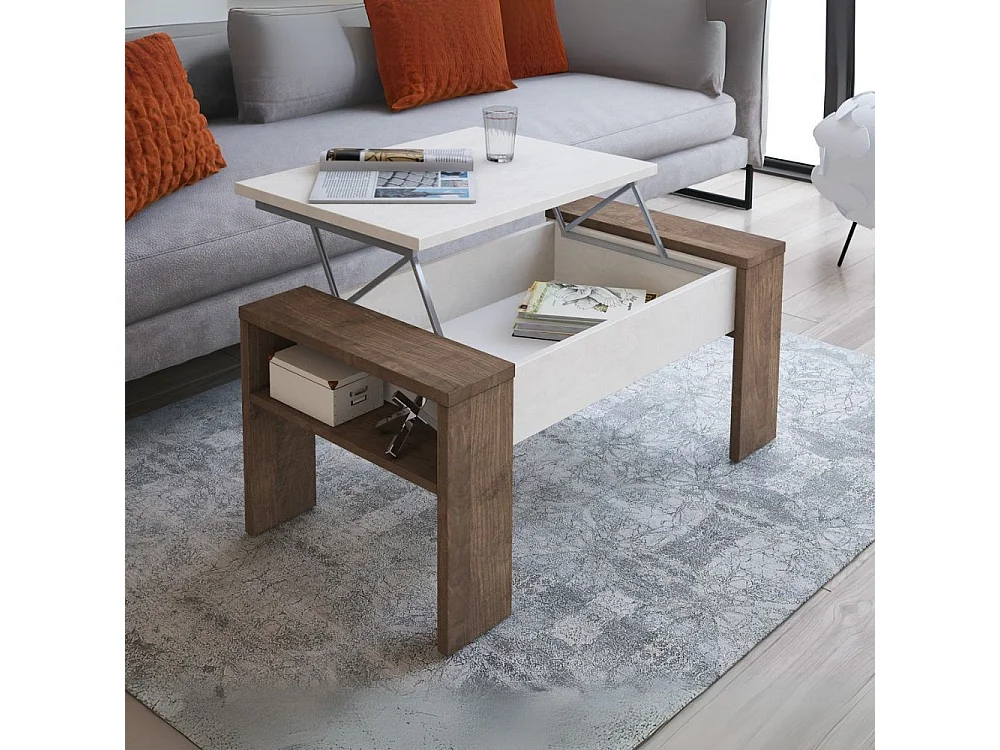 Tavolino contenitore Tinus con piano sollevabile colore noce eastwood e spatolato