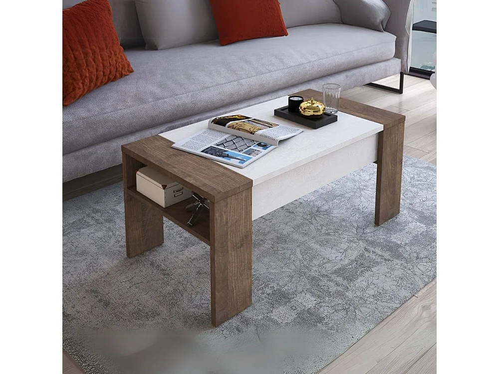 Tavolino contenitore Tinus con piano sollevabile colore noce eastwood e spatolato