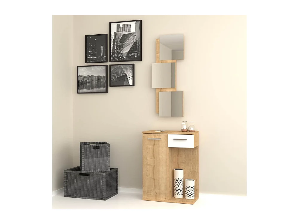 Mobile ingresso Lion con specchi anta e cassetto colore rovere bianco