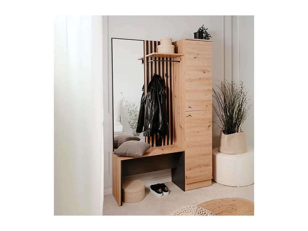 Vestiaire 2 portes avec miroir effet chêne et gris anthracite 122 cm - Flavia