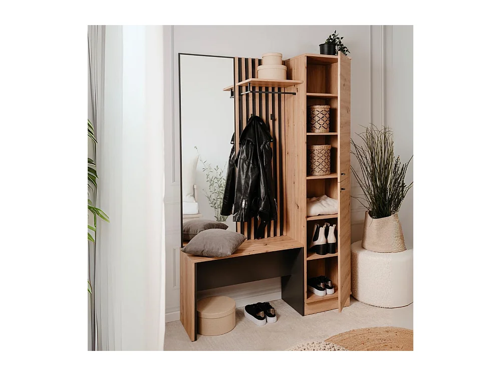 Vestiaire 2 portes avec miroir effet chêne et gris anthracite 122 cm - Flavia
